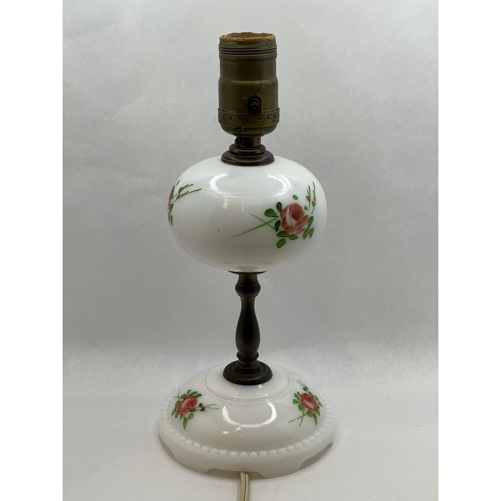 Milk Glass Table Lamp With  Pink Floral Design 10" Tall‎  Electric Cord Vintage